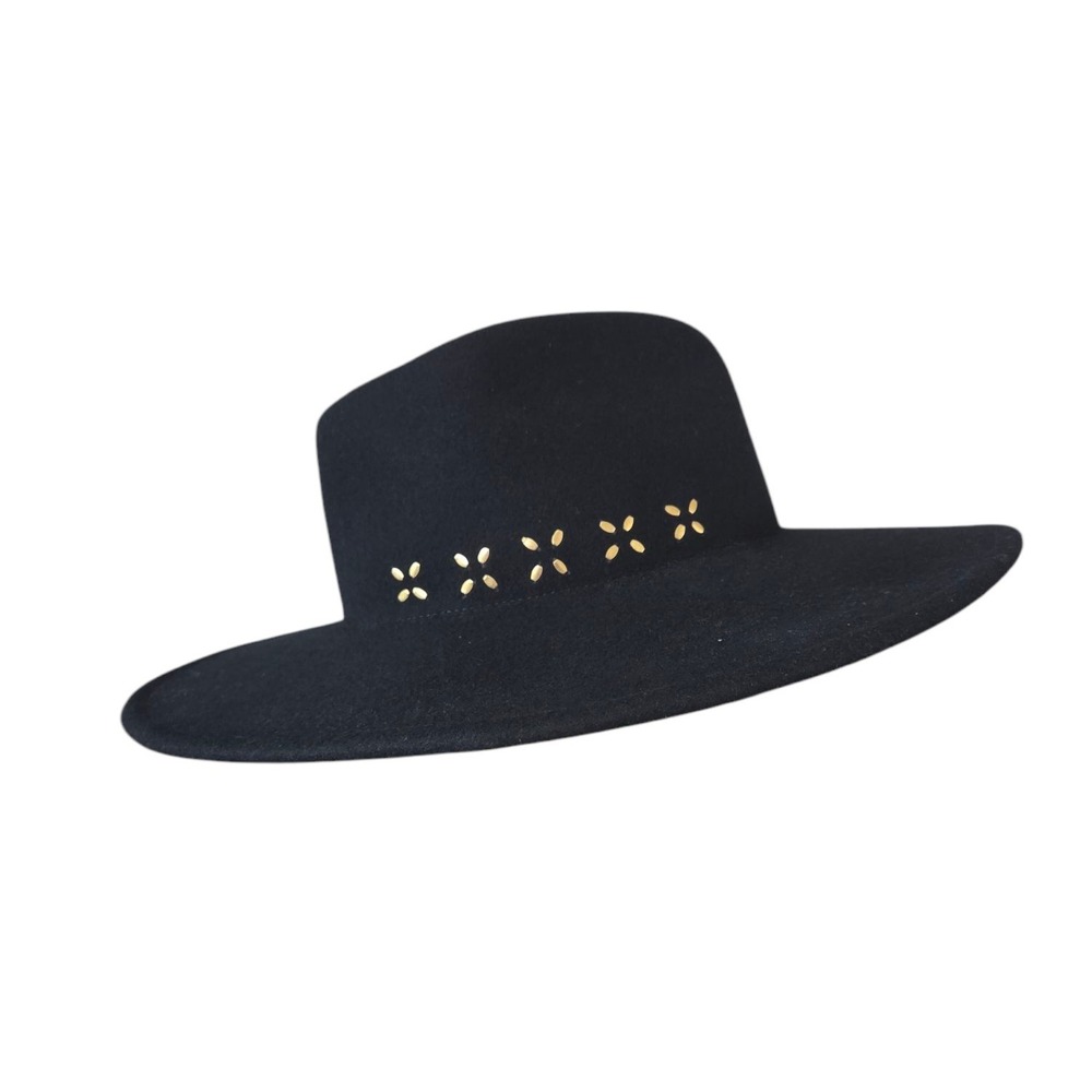 Universal Thread Co. Black Wide Brim Wool Fedora Hat‎ Brass Accents UNISEX